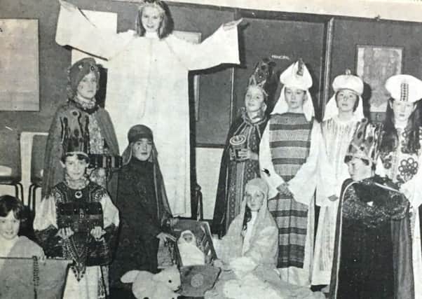 The cast of St Anthony's Primary School's Christmas musical 'Only a Baby' in 1981, included are Sinead O'Hanlon, Danny Owens, Fiona Cassidy, Bronagh Cushnahan, Cathy Burns, Martin Hurle, Suzanne McVeigh, Conor Drake, Caroline Woolsey, Tracy Rodgers, and Maureen Boone,
