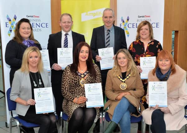 Attending the launch of the Carrick Times Business Excellence Awards in Carrickfergus are the Mayor, Cllr Lindsay Millar, and Deputy Mayor, Cllr Cheryl Johnston, with Carrick Times Advertising Executives, Grace Clements and Lyn Kernohan (seated), Julie Black and Stephen McCahon from the Ulster Bank in Carrickfergus, Terry Ferry from the Carrick Times and Kelli Bagchus from Carrickfergus Enterprise. INCT 03-004-PSB