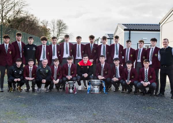 Rugby star Jacob Stockdale at St Ronans in Lurgan, a relatively new school which has won both the Hogan Cup and the MacRory Cup (schools GAA trophies)