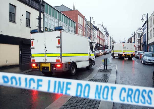 The scene outside the courthouse on Bishop Street, Londonderry, following a bomb explosion