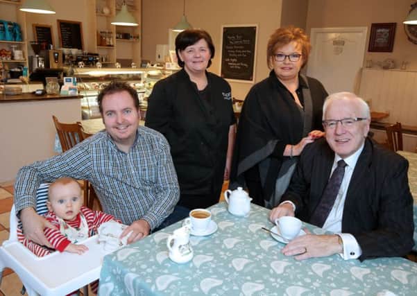 New owner of Quirky Bird Stephen Coulter is pictured with his son Caolan; Jackie Heasley; Diane Bird and Vice-Chairman of Lisburn & Castlereagh City Council's Development Committee, Alderman Allan Ewart, MBE.