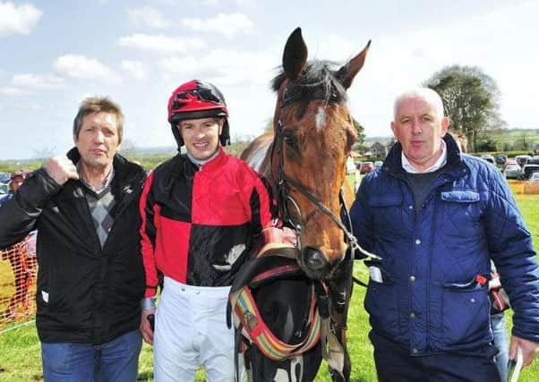 Banbridge jockey Mark O'Hare with Michael Lynch former owner of Battle Over Doyen