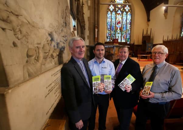 Pictured beside the monument for Brigadier-General John Nicholson at the recent launch at Lisburn Cathedral are (l-r) Dean Sam Wright, Ciaran Toal, Lisburn Museum, Alderman Paul Porter, Chair of the Council`s Leisure & Community Development Committee, and Gordon Galloway, one of the authors of the Guide.