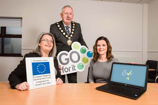 Eve Beattie, a Mid Ulster mum-of-four finding the perfect balance between family life and a successful career by launching her very own virtual assistant business with the support of the Go For It Programme, in association with Mid Ulster District Council.

Pictured with Eve (right) is Councillor Sean McPeake, Chair of Mid Ulster District Council (centre) and Patricia Elliott, Business Advisor with Workspace (left) who provided EVE with expert advice and help with developing a business plan in order to help turn her business idea into a reality.