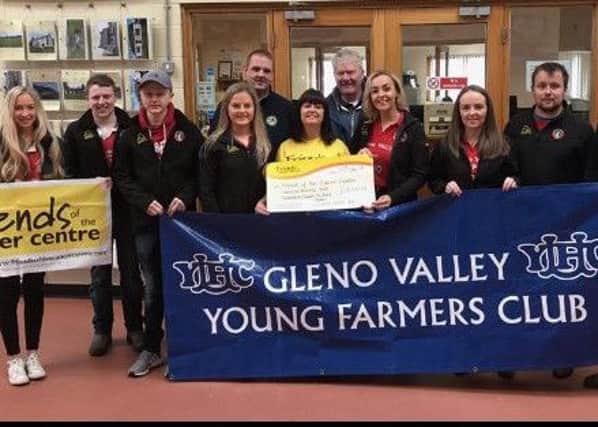 Gleno Valley Young Farmers' Club alongside Ballymena Livestock Market staff have presented a cheque for £22,372.54 to Friends of the Cancer Centre.