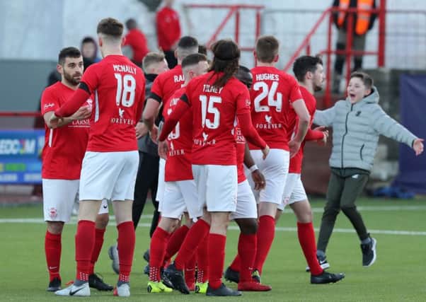 Celebration time for Larne in the Irish Cup success over Crumlin Star. Pic by INPHO.