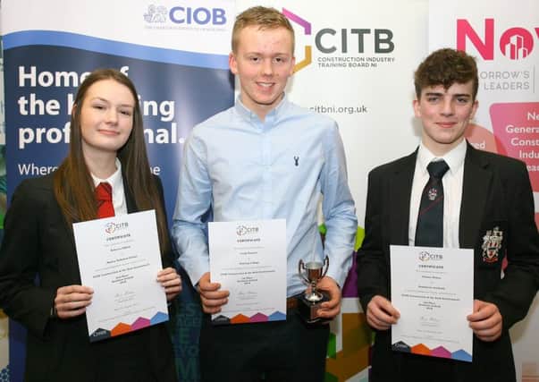 CITB NI recognised those who got top accolades in GCSE Construction and the Built Environment in 2018 at the Annual Chartered Institute of Building Awards held at Nutts Corner Training Centre.
First place was awarded Craig Francey, Dunclug College, Ballymena, second place, Rebecca Gilbert Rainey Endowed School, Magherafelt and third place Nathan Nelson, Ballymena Academy.