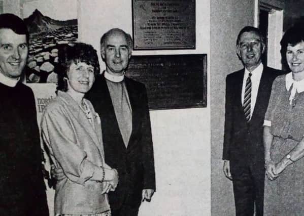 Pictured unveiling the plaque at Kells and Connor Primary School's new extension are Rev. Stafford Carson, Mrs Preston, Rev. Preston, Brian Mawhinney , Principal Miss C. Stein and Rev. Poots. 1989.