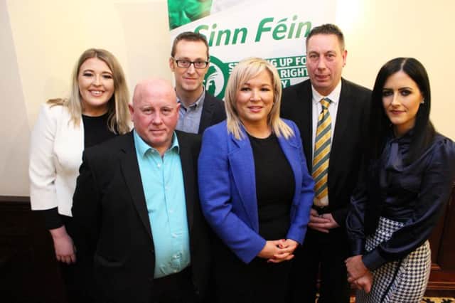 Sinn Féin Vice President Michelle ONeill, North Antrim MLA Philip McGuigan along with the four election candidates for Mid and East Antrim Council: James McKeown, Ian Friary, Collette McAllister and Patrice Hardy.
