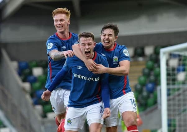 Linfield's  Kyle McClean celebrates his later winner. Photo Colm Lenaghan/Pacemaker Press