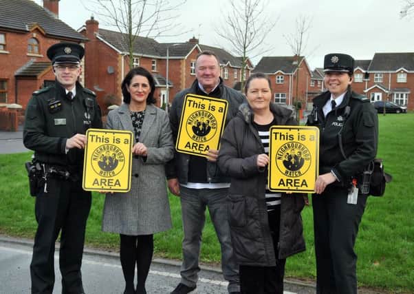At the Launch of the Neighbourhood Watch Scheme at Larkfield Meadows, Craigavon are, Constable Brian Hull and and Constable Julie Lyons, Brownlow PSNI Neighbourhood Team, Annette Blaney, PCSP with Anthony and Maresa McKey, Local Coordinator.