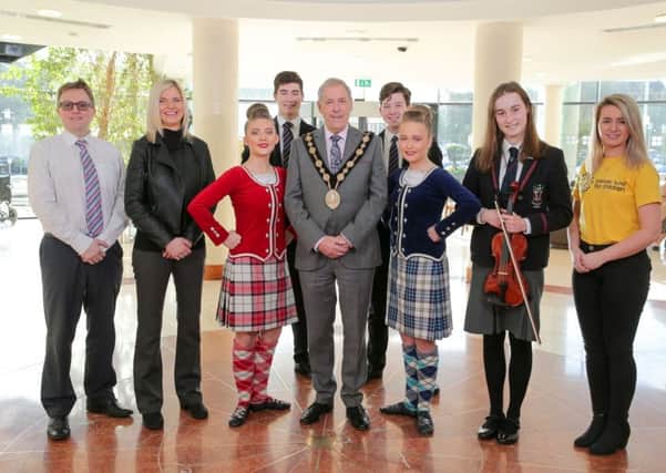 Pictured with the Mayor, Councillor Uel Mackin are local performers who will be taking part in the St Patrick's Concert on Saturday 16th March at Lagan Valley Island to raise money for the Mayor's Charity, Cancer Fund for Children.