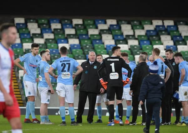 Ballymena United manager David Jeffrey and his players following Saturday's final. Pic by Pacemaker.
