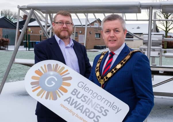 The Mayor, Cllr Paul Michael at the launch of the Glengormley Business Awards with Iain Patterson, Chair of Glengormley Town Team and Chamber of Commerce.