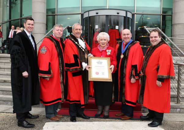 Mrs Joan Christie with Chief Executive David Burns, Alderman Paul Porter, Mayor Uel Mackin, Alderman William Leathem and Councillor Nathan Anderson at Lagan Valley Island during the ceremony. Photo by Kelvin Boyes / Press Eye