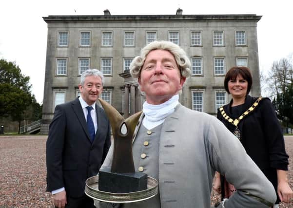 Pictured at the Palace Demesne, Armagh, are Tourism NI Chief Executive John McGrillen and Julie Flaherty, Lord Mayor of Armagh, Banbridge and Craigavon Council with Marcellus Kearney as The Butler.