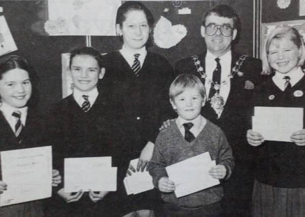 Runners-up in the Carrickfergus Festival art competition pictured after receiving their awards from the Mayor, Councillor Charlie Johnston. 1991.
