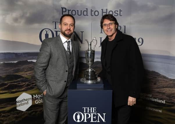 Guests had the opportunity to get their picture taken with the Claret Jug as in January Tourism NI marked the start of the official build-up to The 148th Open at Royal Portrush with a celebration of Northern Irish talent from sport, music, arts and screen at Titanic Belfast. Pictured are Martin Slumbers and Jim Crone. Pic by PressEye Ltd.