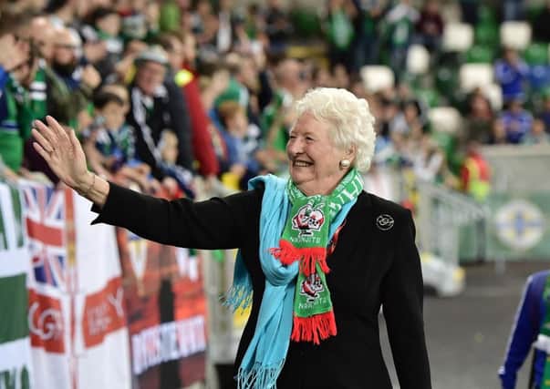 BELFAST, NORTHERN IRELAND - OCTOBER 08: Dame Mary Peters pictured as she attends the FIFA 2018 World Cup Qualifier between Northern Ireland and San Marino at Windsor Park on October 8, 2016 in Belfast, Northern Ireland. (Photo by Charles McQuillan/Getty Images)