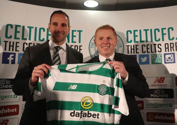Celtic's new interim manager Neil Lennon is unveiled with his assistant John Kennedy at Celtic Park on February 27, 2019 in Glasgow, Scotland. (Photo by Ian MacNicol/Getty Images)