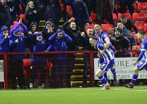 Jamie McGonigle celebrates during Coleraine's thrilling Irish Cup quarter-final victory over Larne. Pic by Pacemaker.
