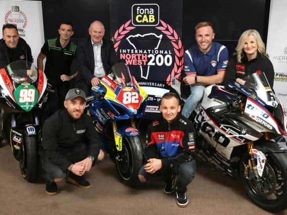 North West 200 riders pictured at the launch event in Coleraine including (from left) Jeremy McWilliams, Glenn Irwin, Lee Johnston, Richard Cooper, Davey Todd and Maria Costello with Event Director, Mervyn Whyte MBE.