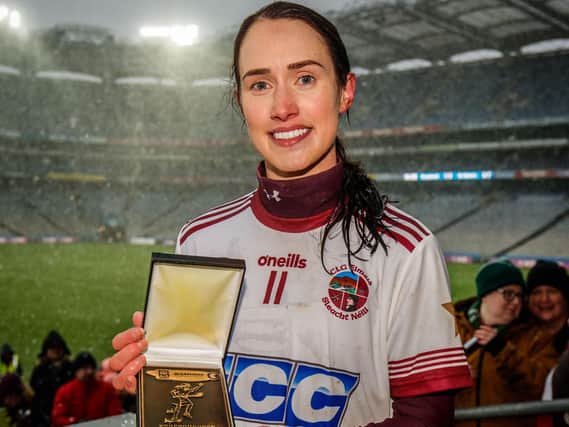 Slaughtneil's Tina Hannon receives the Player of the match award after Sunday's AIB All-Ireland Senior Camogie Club Championship Final in Croke Park.