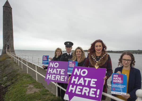 Mayor of Mid & East Antrim, Cllr Lindsay Millar, pictured launching the No Hate Here campaign at Carrickfergus along with Chief Inspector, Michael Simpson, Mid & East Antrim Council Director of Community, Katrina Morgan, and Natasha Taylor and Boryana Tadov from the Inter Ethnic Forum.
