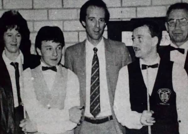 Referee Danny Alexander, Lorna Maguire (sponsor  rep.), Martin O'Neill, Hamison Busby (sponsor rep.), Paddy Doherty, William Telford (marker), Eddie Bell (stroke recorder) at the Points Rating Tournament in Larne. 1989.