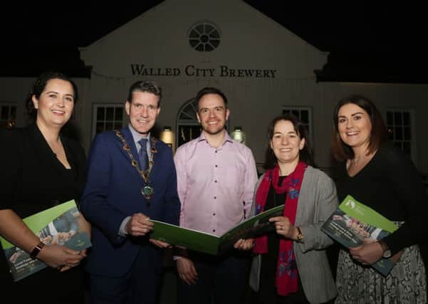 Mayor of Derry City and Strabane District Council Cllr John Boyle launching the NICHE EU Interreg Project funded Local Food and Drink Strategy Action Plan for 2019-2025, along with Aeidin McCarter, Head of Culture with Derry City and Strabane District Council. The strategy was launched as part of a Legenderry Food Experience event hosted by the Walled City Brewery, also included is Catherine Goligher, food tourism officer with Derry City and Strabane District Council, James Huey, owner of the Walled City Brewery and Jennifer ODonnell, Tourism Manager with Derry City and Strabane District Council