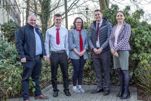 Greenmount Campus Farm Business student award winners with First Trust Bank Judge Eoin Donnelly, (Agriculture Business Manager), Christopher Ruddock (Donaghcloney) runner-up, Andrea Rooney (Tassagh) winner, third placed Jamie Adair (Banbridge) and Dr Kate Semple, Course Manager.