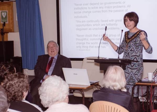 Cllr Julie Flaherty, Lord Mayor Launches older peoples' project.  Joe Garvey, Chairman, Richmount Rural Community Association speaking at the launch