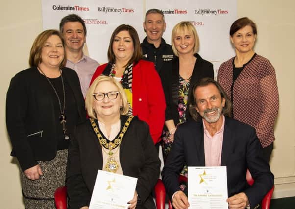 Pictured at the launch of the Causeway Coast & Glens People of the Year Awards 2019 are (Back) Niall McShane & Russell Kelly Fuelwise and Score (Middle) Cheryl Delargy , Times, Caroline Corr, Calor Gas, Joanne Coyles, Willies Orphan Fund, Una Culkin, Times. (front) Mayor Brenda Chivers and Willie Gregg , Willies Orphan Fund.     INCR11-19003BW