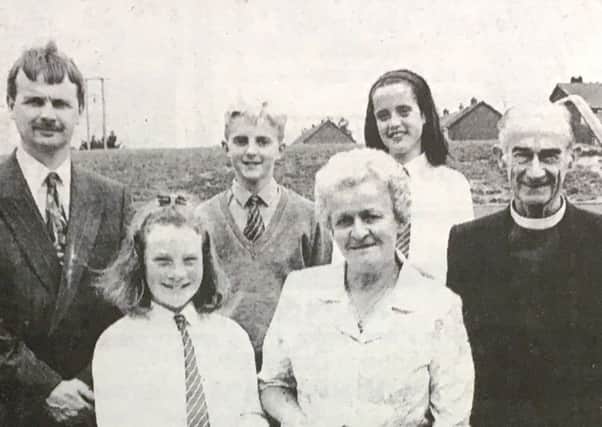 Mrs Sally McKee retired in 1993 after 24 years as a cleaner and supervisory assistant at Hardy Memorial Primary School. Marking the occasion were Judith Venard, Mrs McKee, Archdeacon AWR Colthurst, Dean Woods, Neil Hobson and Zoe Miller.