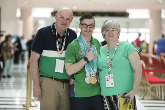 Patrick Quinlivan shows off the two Gold and five Silver Medals that he picked up in Gymnastics. Photo Credit: Ricardo Guglielminotti / Special Olympics Ireland