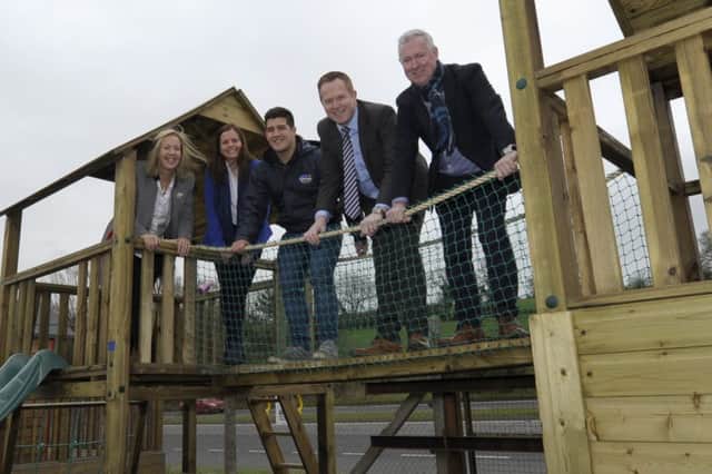 Cllr Paul Greenfield, Nicola Wilson, Head of Economic Development, Steven Fullerton, Invest NI, Rick Manso, NI Climbing Frames and Noelle Garvey, Business Engagement Programme Manager with some of the equipment at the Banbridge business.