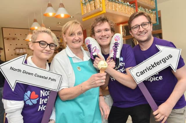Cerys Louisa Montoya-Sharp, June Cooper and Michael Burney from sponsor Mauds Ice Creams,  with Thomas Wilson, from Northern Ireland Hospice, launch the Carrickfergus Hospice Walk which will take place on Saturday, April 6.