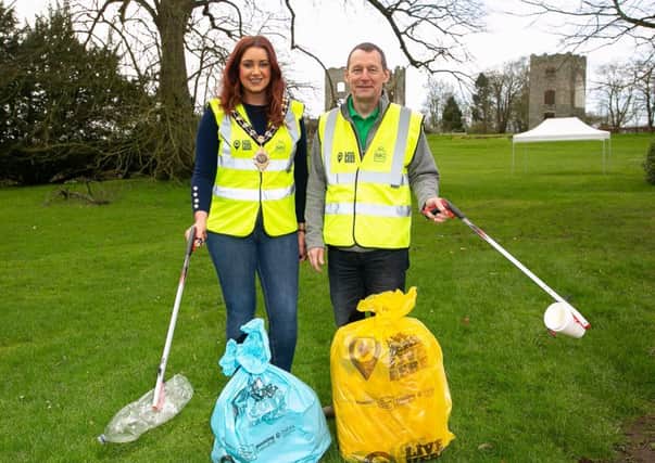 Lindsay Millar, Mayor of Mid & East Antrim Borough Council and Ian Humphreys Chief Executive of Keep Northern Ireland Beautiful, at the launch of The Big  Spring Clean in Antrim.