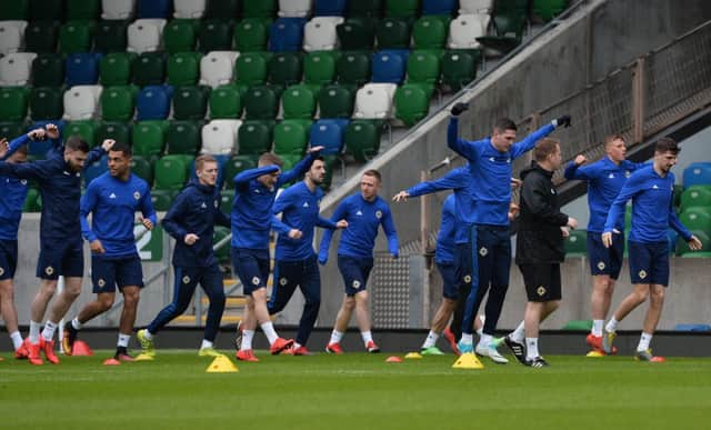 PACEMAKER BELFAST  20/03/2019
Northern Ireland during a open training session,   ahead of N Ireland's UEFA EURO 2020 qualifying matches against Estonia and Belarus at the National Football Stadium at Windsor Park.
Photo Colm Lenaghan/Pacemaker Press