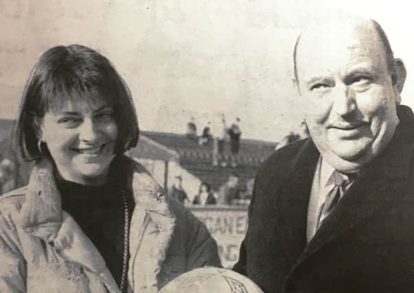 The ball for the Irish Cup game between Glenavon and Ards in 1992 was presented to Blues chairman Bert Megarrell by Elaine Warren