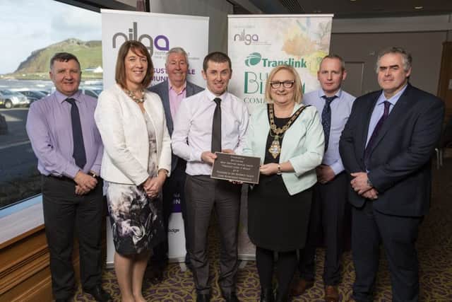 Celebrating success at the Translink Ulster in Bloom 2018 Awards where Ballymoney won the Most Improved Award, pictured L-R Sam Todd, Translink, Alderman Freda Donnelly, NILGA, Frank Hewitt, Translink Chairman, Don Morrison, Cllr Brenda Chivers, Mayor, Causeway Coast and Glens Borough Council, Jonathan Barclay and Alastair Campbell all Causeway Coast and Glens Borough Council.
