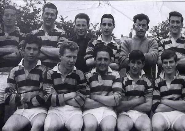 An early Dromore Amateurs side. Back row: A Brown, D Miskimmons, C Lindsay, D Nicoletti, R Lindsay, J Poots. Front row: J Delaney, M McCaughey, S Hamilton, N Nicoletti, R McDowell