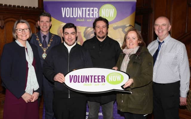 Volunteers from Londonderry celebrate their Millennium Volunteer success with Denise Hayward, Chief Executive, Volunteer Now, Councillor John Boyle Mayor of Derry City and Strabane District Council and guest speaker Dr Barny Toal, Director, Innovate NI