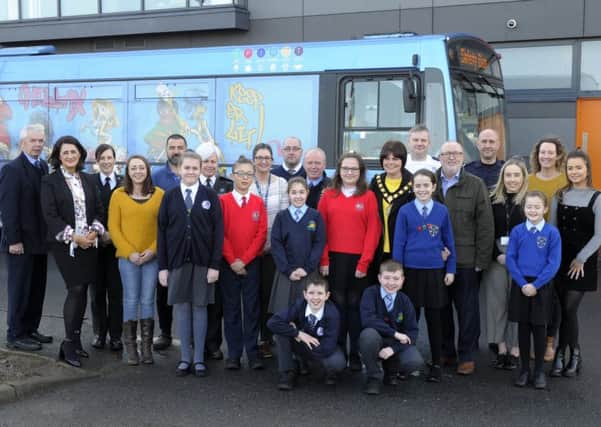 PCSP Event at Brownstown Community Centre 11th March 2019. Pictured with local schools pupils are Annette Blaney (PCSP),  Translink Safety Officers Susan O'Neill and Pasul McKenna, Safety Bus Co-ordinator Kevin Wallace, PSNI Neighbourhood Watch Officers Pamela McElhinney and Leanne Heslip, NIFRS Officers David Lappin and Michael Teggart, Debbie McCaigue and Sherie Part (Future Proof). ©Edward Byrne Photography