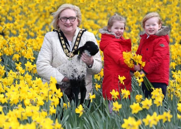 The Mayor of Causeway Coast and Glens Borough Council Councillor Brenda Chivers is joined by 4-year-old Niamh Semple and 3-year-old Lewis Shannon from Sandcastles Day Nursery in Ballymoney ahead of Ballymoney Spring Fair which takes place on Saturday, April 13. PICTURE KEVIN MCAULEY/MCAULEY MULTIMEDIA