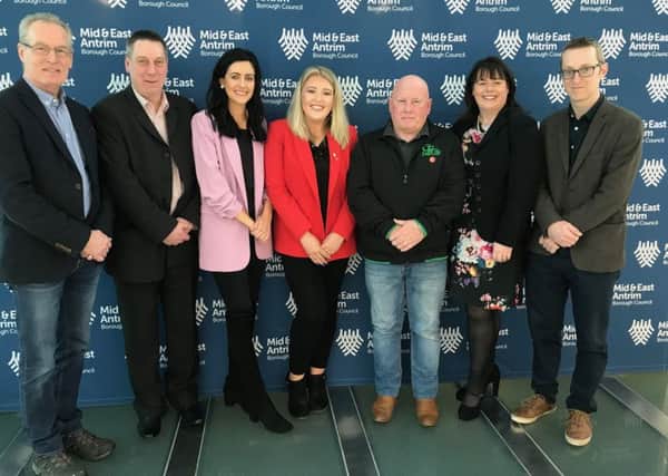 Sinn Féin MLA Gerry Kelly, Michelle Gildernew MP, North Antrim MLA Philip McGuigan accompany Sinn Féin's four council candidates, James McKeown,Collette McAllister, Patrice Hardy and Ian Friary, as they hand in their nomination papers.