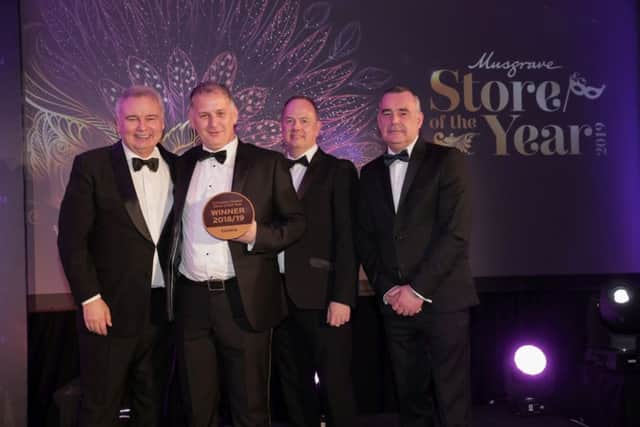Pictured are Eamonn Holmes, Jim Brennan, Centra Banbridge, Tim Gault, commercial manager, Denny and Trevor McGill, wholesale director, Musgrave NI, at the annual Musgrave Store of the Year Awards at the Culloden Estate & Spa, where Centra Banbridge clinched the award for Centra Company Owned Store of the Year