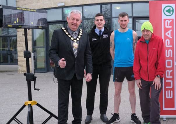 Pictured launching the Maghera 10K and 5K 2019 event are Chair of Mid Ulster District Council, Councillor Sean McPeake; Tommy and Eoin Hughes; and Nathan Speirs, Eurospar Maghera.
