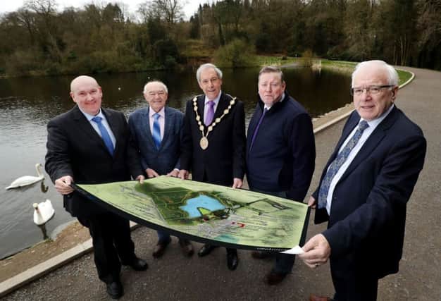 Ald William Leathem, chair of the councils Development Committee; Ald Jim Dillion MBE JP, chair of the councils Capital Projects Committee; Mayor Uel Mackin; Ald Paul Porter, chair of the councils Leisure & Community Development Committee and Ald Allan Ewart MBE, vice-chair of the councils Development Committee at Hillsborough Forest.