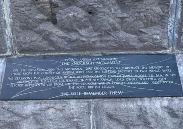 A plaque at Knockagh Monument has been vandalised. Pic courtesy of Jake McAtamney.